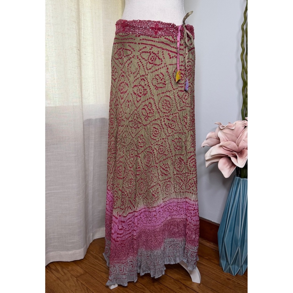 Vintage Funky People Maxi Skirt Silk Bandhani Crinkle Beaded Sequin Size Medium